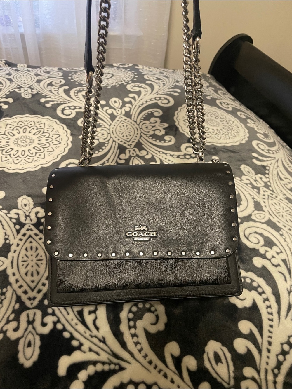 Coach Black Leather Studded Chain Bag